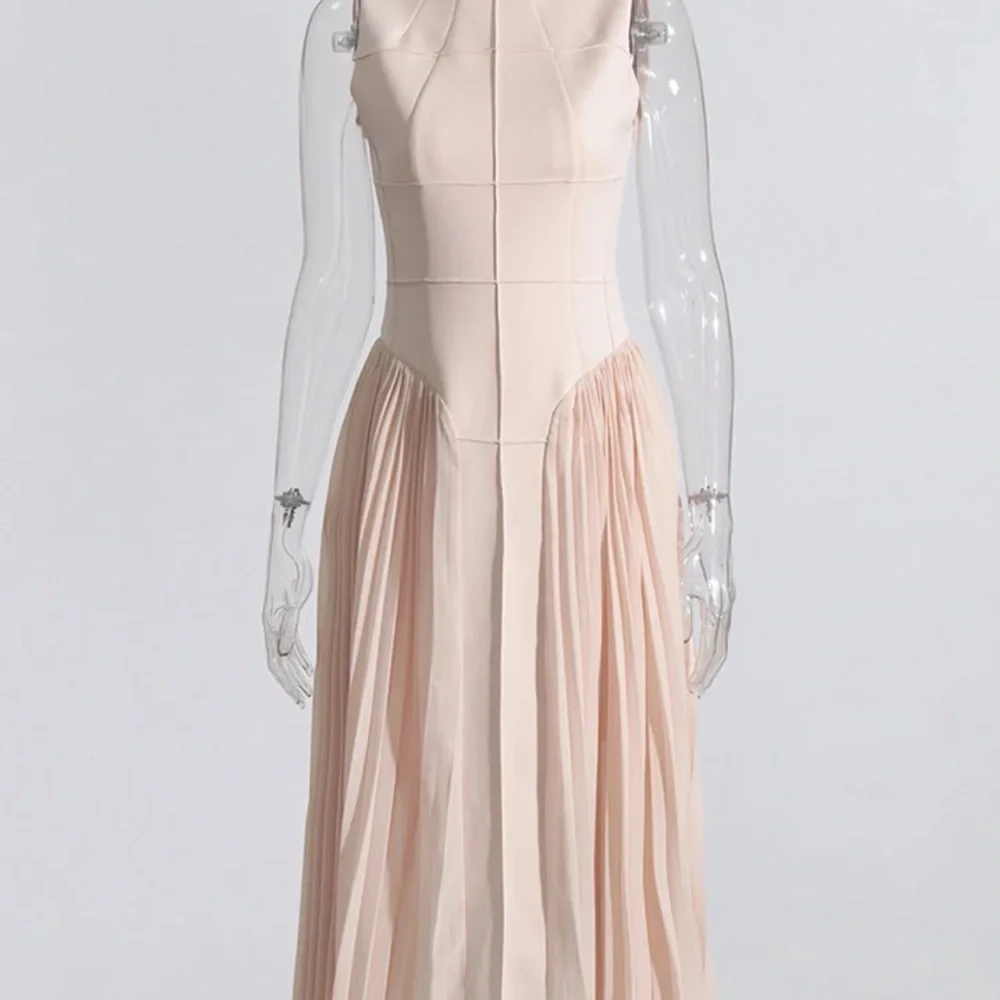 Elegant designer nude mock neck bodysuit pleated skirt blush dress small - Picture 9 of 13